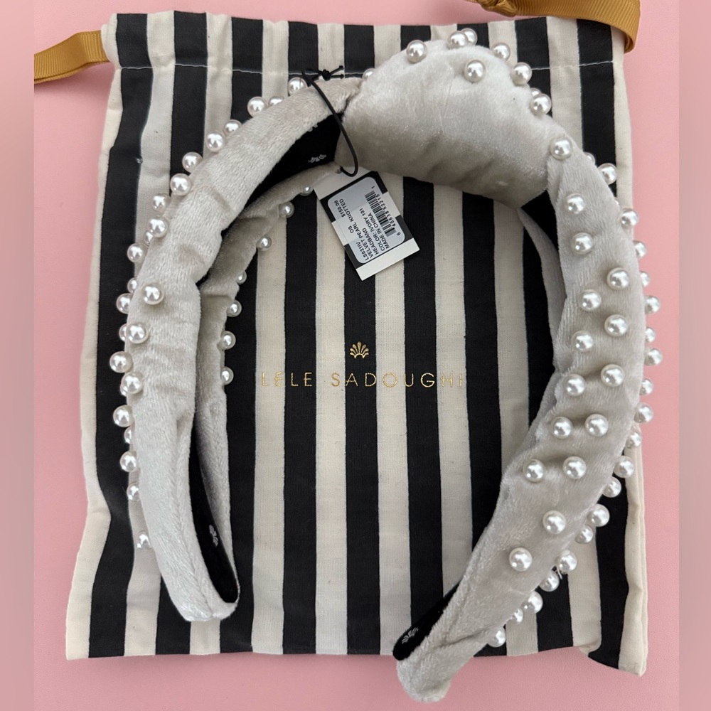 Lele Sadoughi ♡ Ivory Pearl Velvet Knotted Headband - Picture 2 of 4